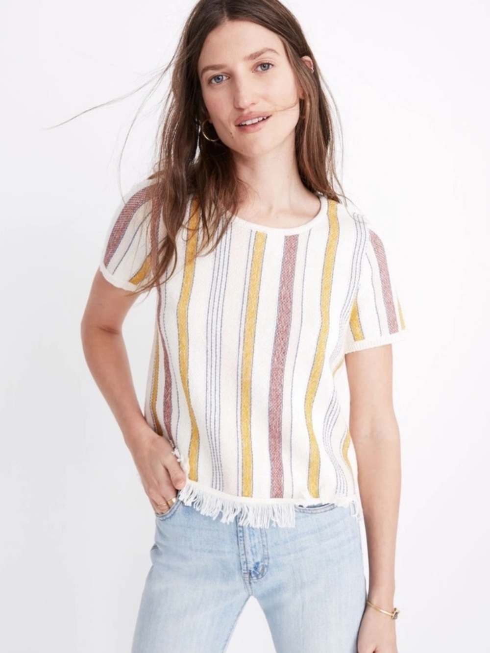 Madewell Blakley Stripe Boho Pull On Short Sleeve Sweater Top w/ Fringe.